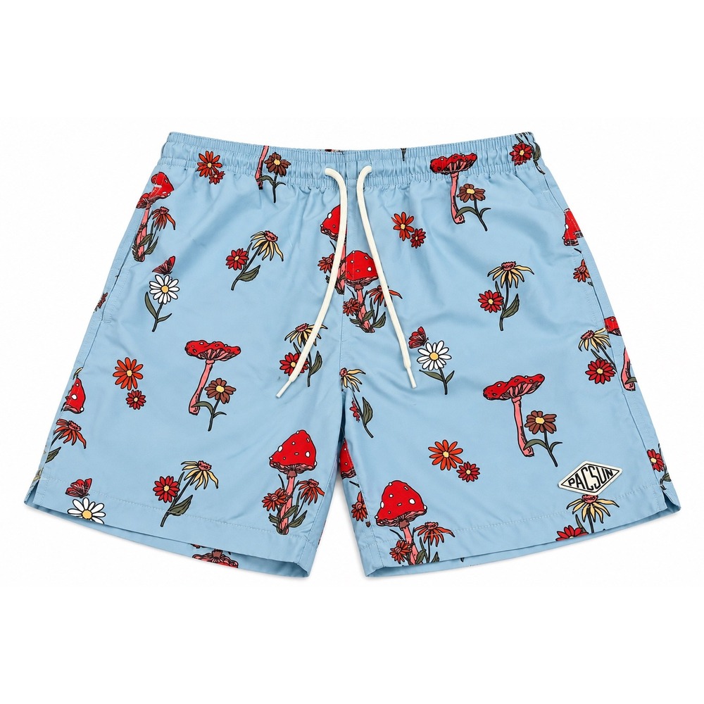PacSun Mens Blue Mushroom Floral Print Swim Trunks Shorts Size S Recycled